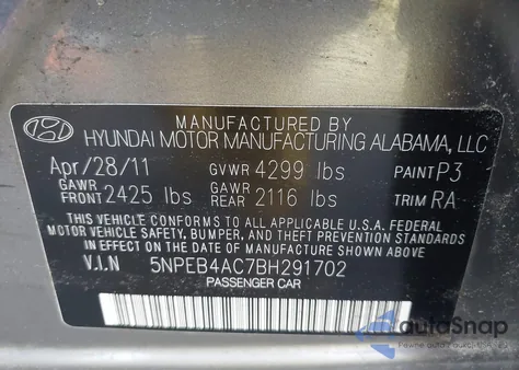 2011 Hyundai Sonata Gls из США, поврежденный, VIN 5NPEB4AC7BH291702